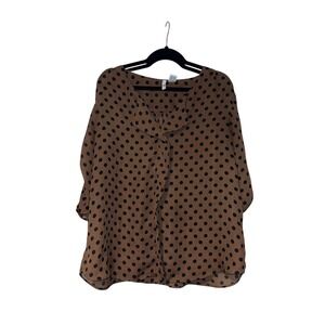 Sami JO Polka Dot Shirt Blouse Women XL Brown Black 3/4 Sleeve Roll Tab